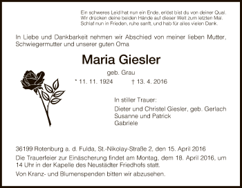 Traueranzeige von Maria Giesler von HNA