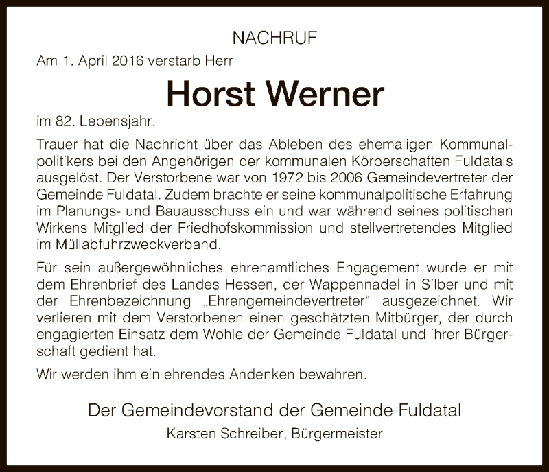  Traueranzeige für Horst Werner vom 07.04.2016 aus HNA