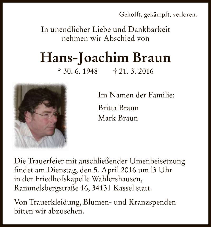  Traueranzeige für Hans-Joachim Braun vom 02.04.2016 aus HNA