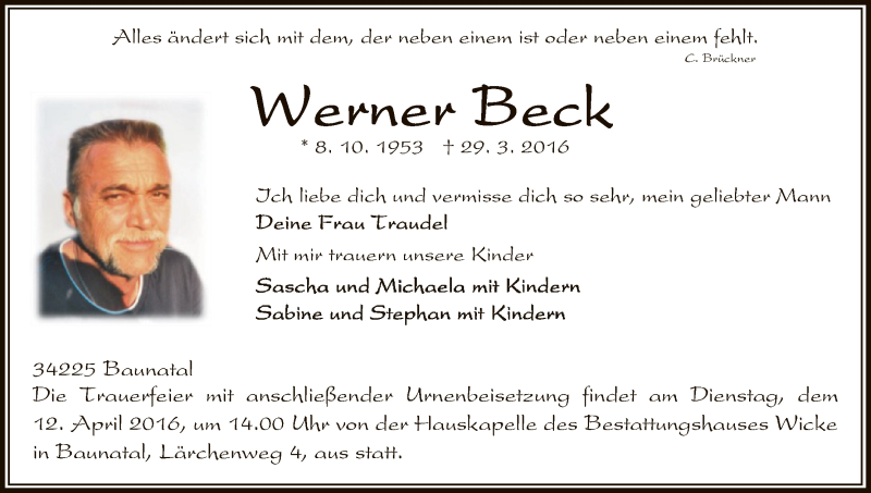  Traueranzeige für Werner Beck vom 09.04.2016 aus HNA