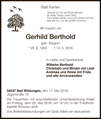 Traueranzeige von Gerhild Berthold von HNA
