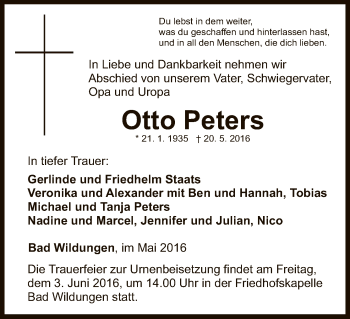 Traueranzeige von Otto Peters von HNA