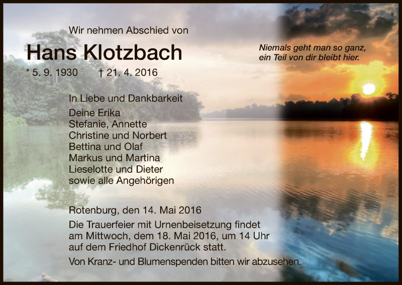 Traueranzeige für Hans Klotzbach vom 14.05.2016 aus HNA