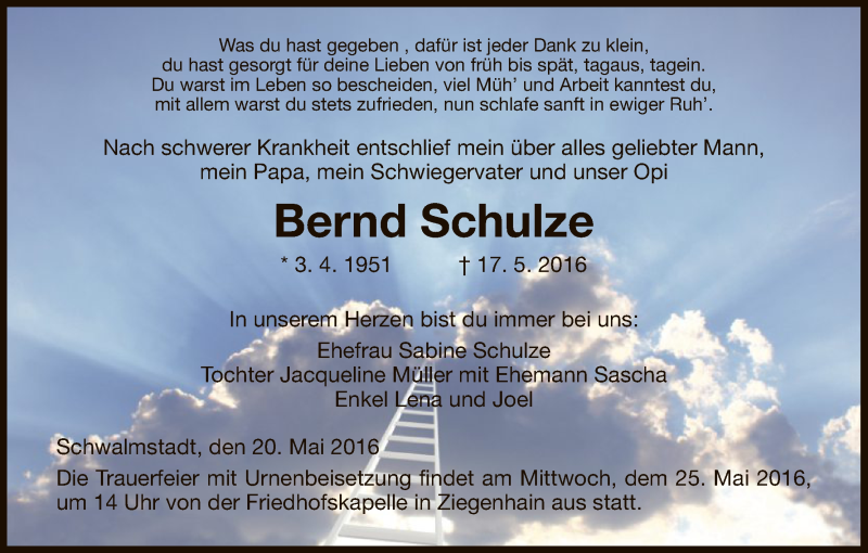  Traueranzeige für Bernd Schulze vom 20.05.2016 aus HNA