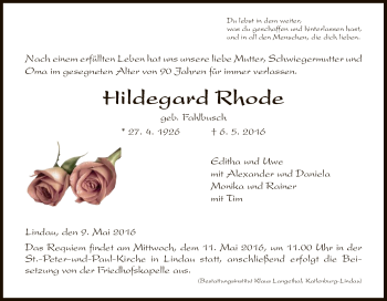 Traueranzeige von Hildegard Rohde von HNA