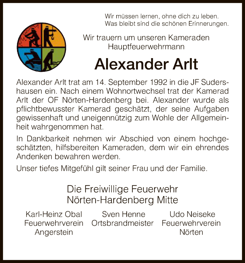  Traueranzeige für Alexander Arlt vom 21.05.2016 aus HNA