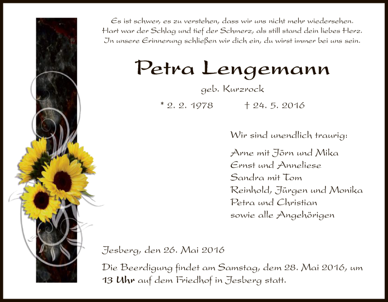  Traueranzeige für Petra Lengemann vom 26.05.2016 aus HNA