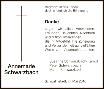Traueranzeige von Annemarie Schwarzbach von HNA