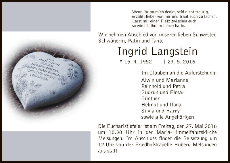 Traueranzeige für Ingrid Langstein vom 25.05.2016 aus HNA