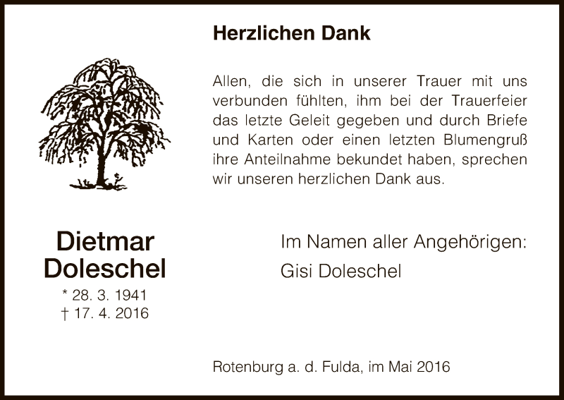  Traueranzeige für Dietmar Doleschel vom 28.05.2016 aus HNA
