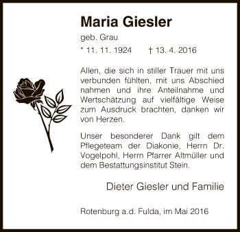 Traueranzeige von Maria Giesler von HNA