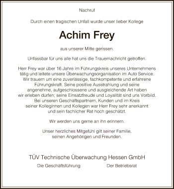 Traueranzeige von Achim Frey von HNA