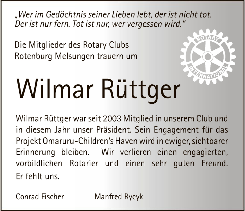  Traueranzeige für Wilmar Rüttger vom 07.05.2016 aus HNA