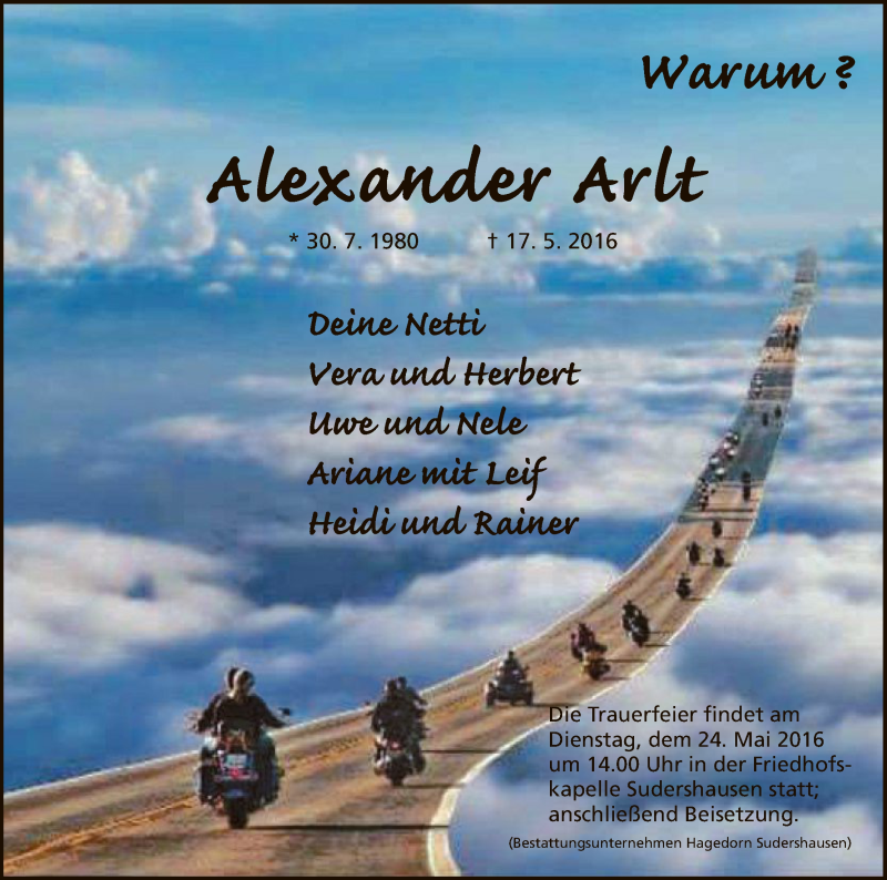  Traueranzeige für Alexander Arlt vom 21.05.2016 aus HNA