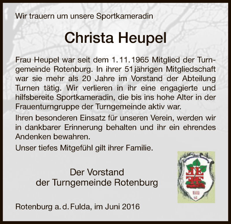  Traueranzeige für Christa Heupel vom 24.06.2016 aus HNA