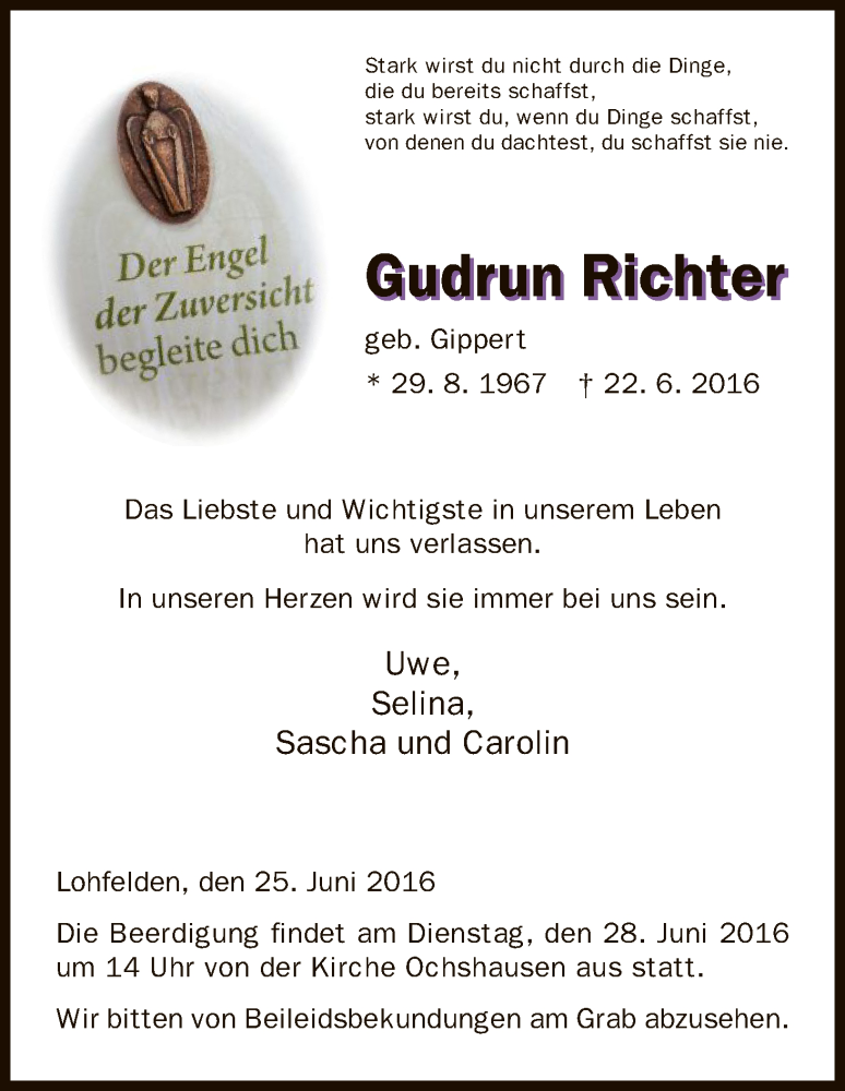  Traueranzeige für Gudrun Richter vom 25.06.2016 aus HNA