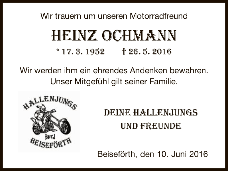  Traueranzeige für Heinz Ochmann vom 10.06.2016 aus HNA
