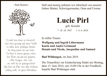 Traueranzeige von Lucie Pirl von HNA