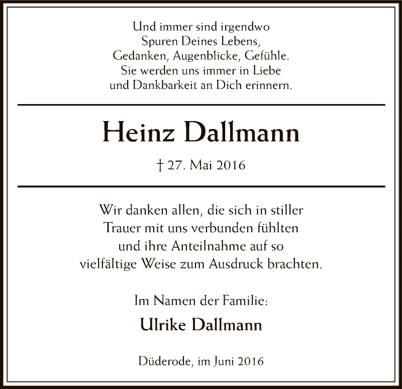  Traueranzeige für Heinz Dallmann vom 25.06.2016 aus HNA