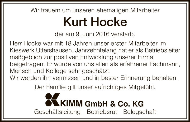  Traueranzeige für Kurt Hocke vom 14.06.2016 aus HNA