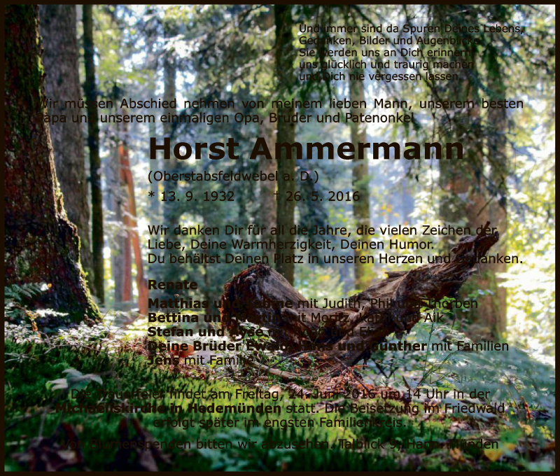  Traueranzeige für Horst Ammermann vom 18.06.2016 aus HNA