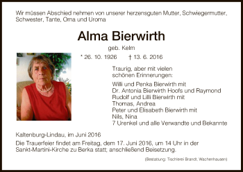 Traueranzeige von Alma Bierwirth von HNA