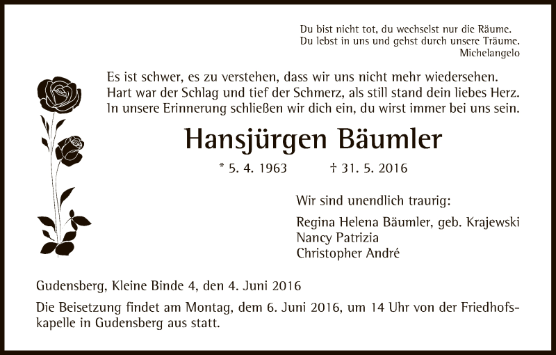  Traueranzeige für Hansjürgen Bäumler vom 04.06.2016 aus HNA