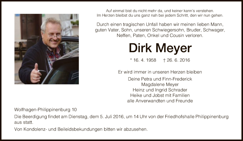  Traueranzeige für Dirk Meyer vom 30.06.2016 aus HNA