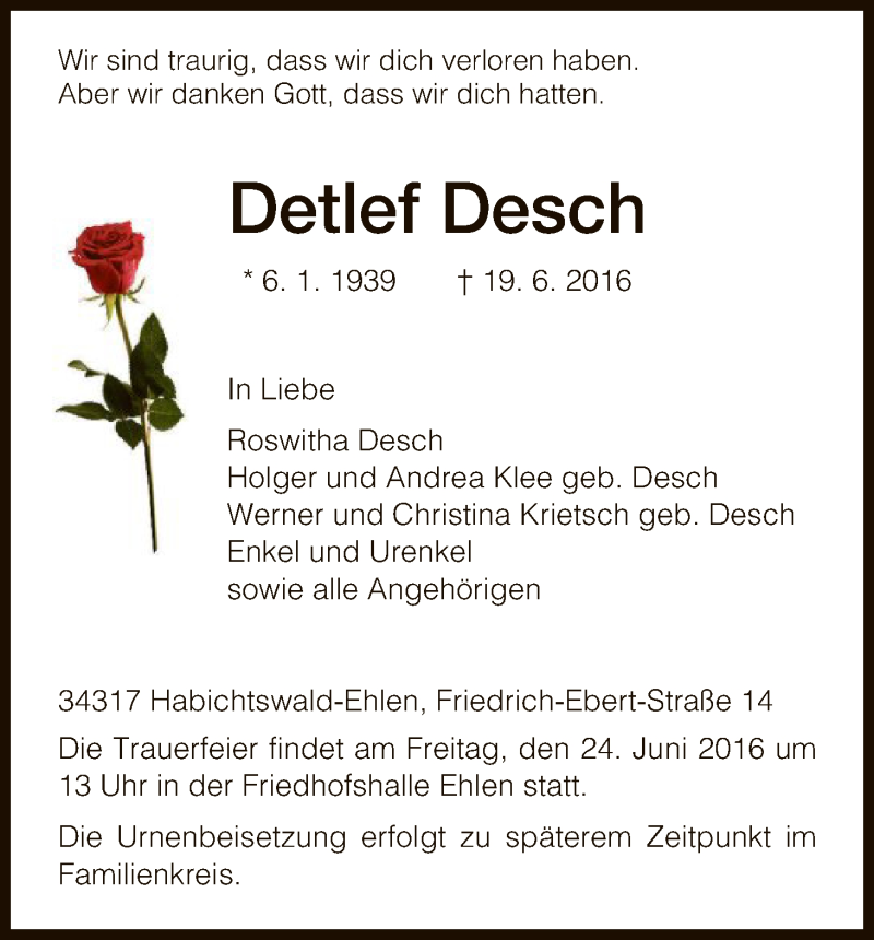  Traueranzeige für Detlef Desch vom 23.06.2016 aus HNA