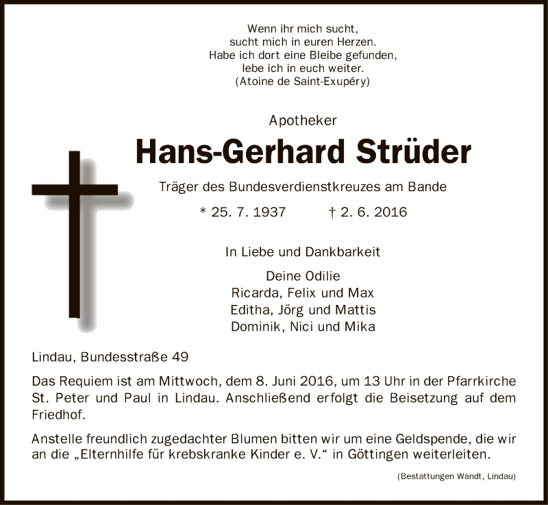  Traueranzeige für Hans-Gerhard Strüder vom 04.06.2016 aus HNA