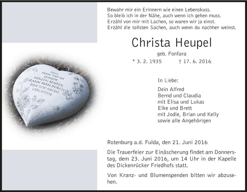  Traueranzeige für Christa Heupel vom 21.06.2016 aus HNA