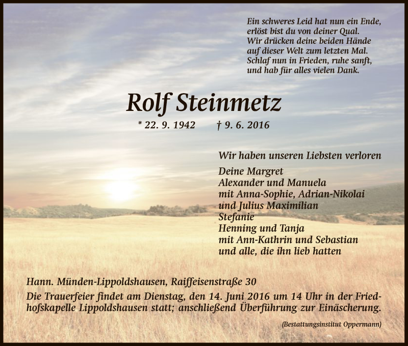  Traueranzeige für Rolf Steinmetz vom 11.06.2016 aus HNA