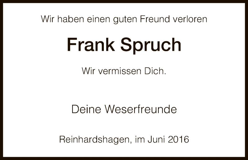  Traueranzeige für Frank Spruch vom 11.06.2016 aus HNA
