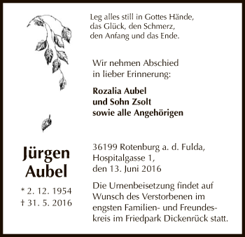 Traueranzeige von Jürgen Aubel von HNA