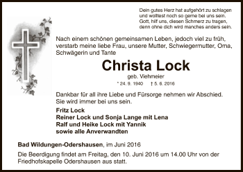 Traueranzeige von Christa Lock von HNA