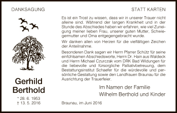 Traueranzeige von Gerhild Berthold von HNA