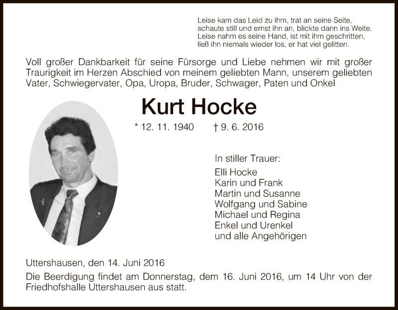  Traueranzeige für Kurt Hocke vom 14.06.2016 aus HNA