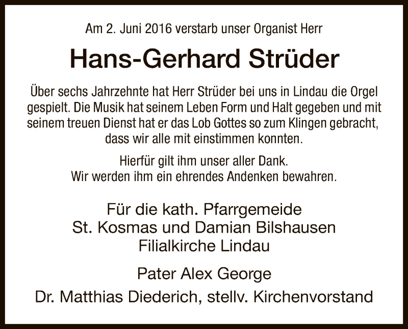  Traueranzeige für Hans-Gerhard Strüder vom 03.06.2016 aus HNA