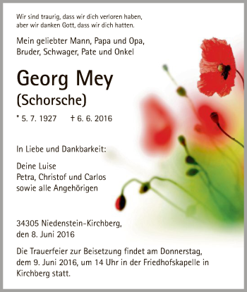 Traueranzeige von Georg Mey von HNA