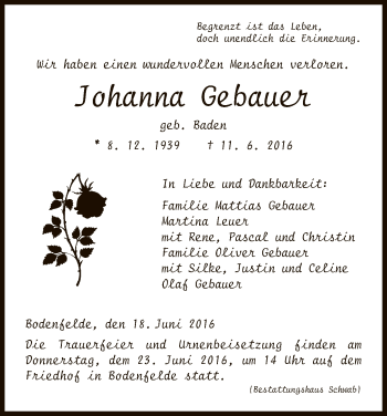 Traueranzeige von Johanna Gebauer von HNA