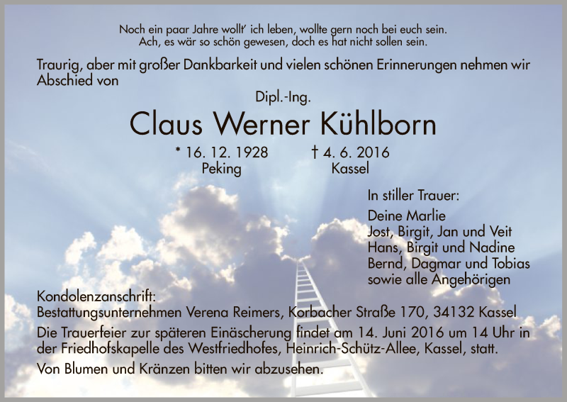  Traueranzeige für Claus Werner Kühlborn vom 11.06.2016 aus HNA