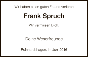 Traueranzeige von Frank Spruch von HNA