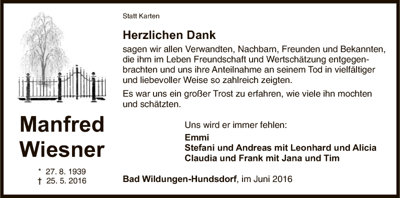  Traueranzeige für Manfred Wiesner vom 18.06.2016 aus HNA