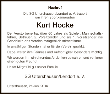 Traueranzeige von Kurt Hocke von HNA