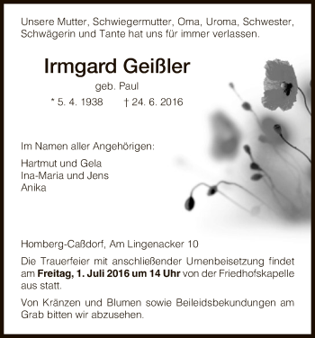 Traueranzeige von Irmgard Geißler von HNA