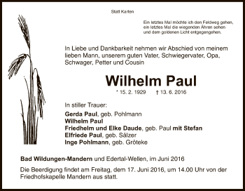 Traueranzeige von Wilhelm Pau von HNA