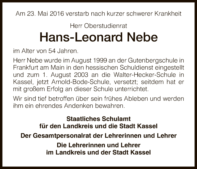 Traueranzeige für Hans-Leonard Roosevelt Nebe vom 04.06.2016 aus HNA
