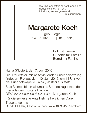 Traueranzeige von Margarete Koch von HNA