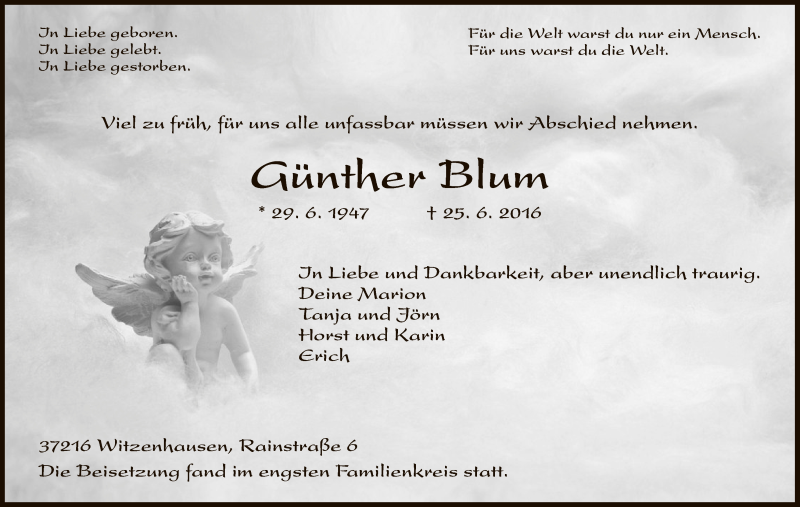  Traueranzeige für Günther Blum vom 02.07.2016 aus HNA