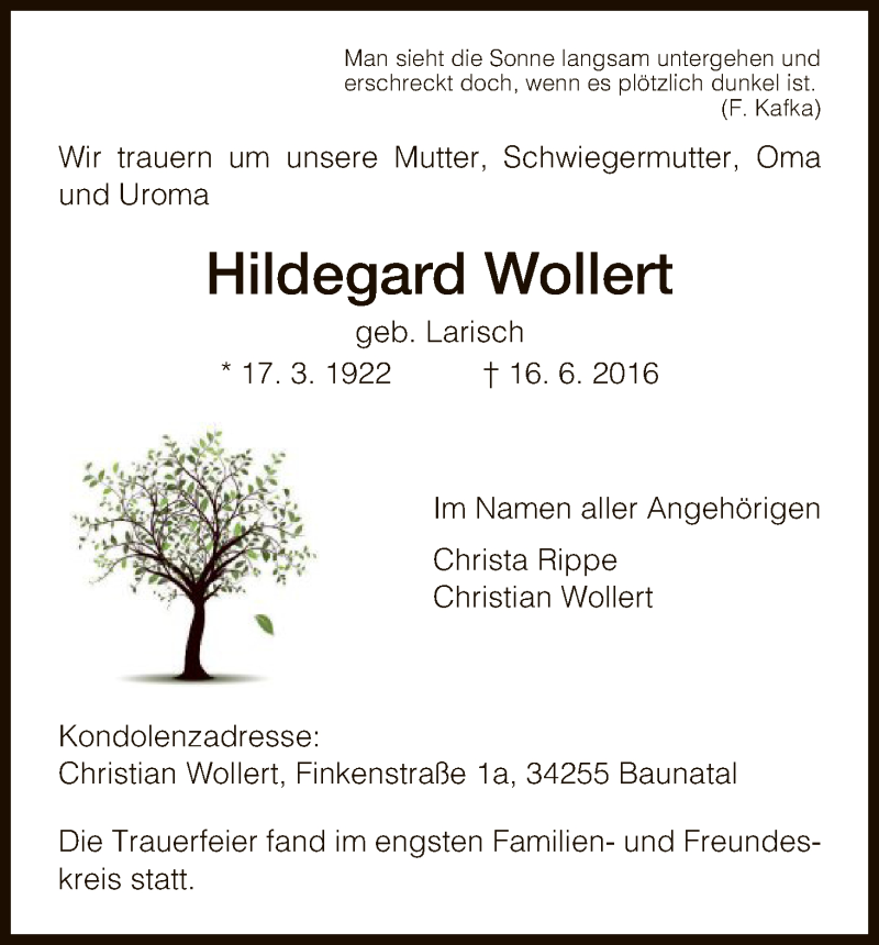  Traueranzeige für Hildegard Wollert vom 09.07.2016 aus HNA
